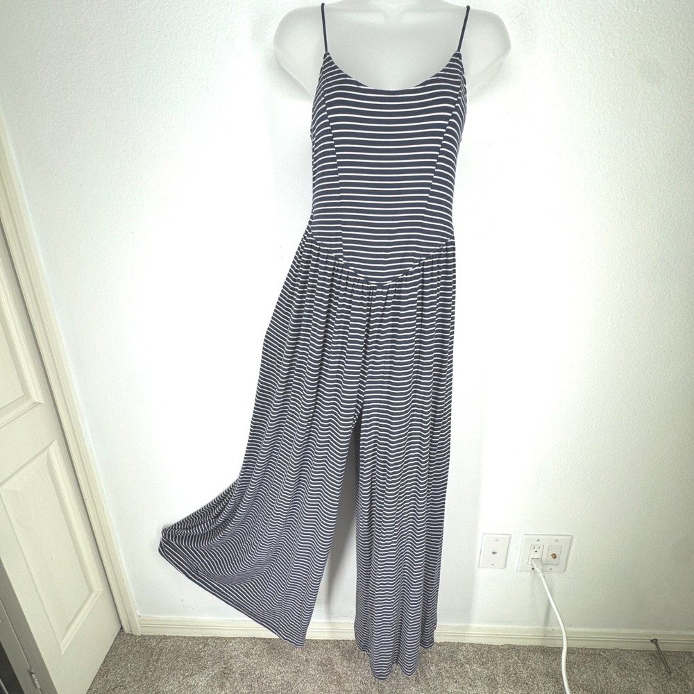 American Eagle Striped Wide‎ Leg Jumpsuit Basque Waist Navy White Small Coastal